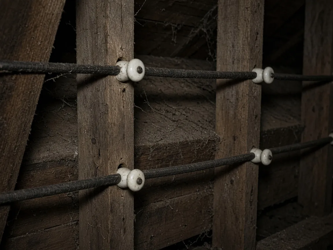 Old knob-and-tube wiring on porcelain knobs along wooden attic framing