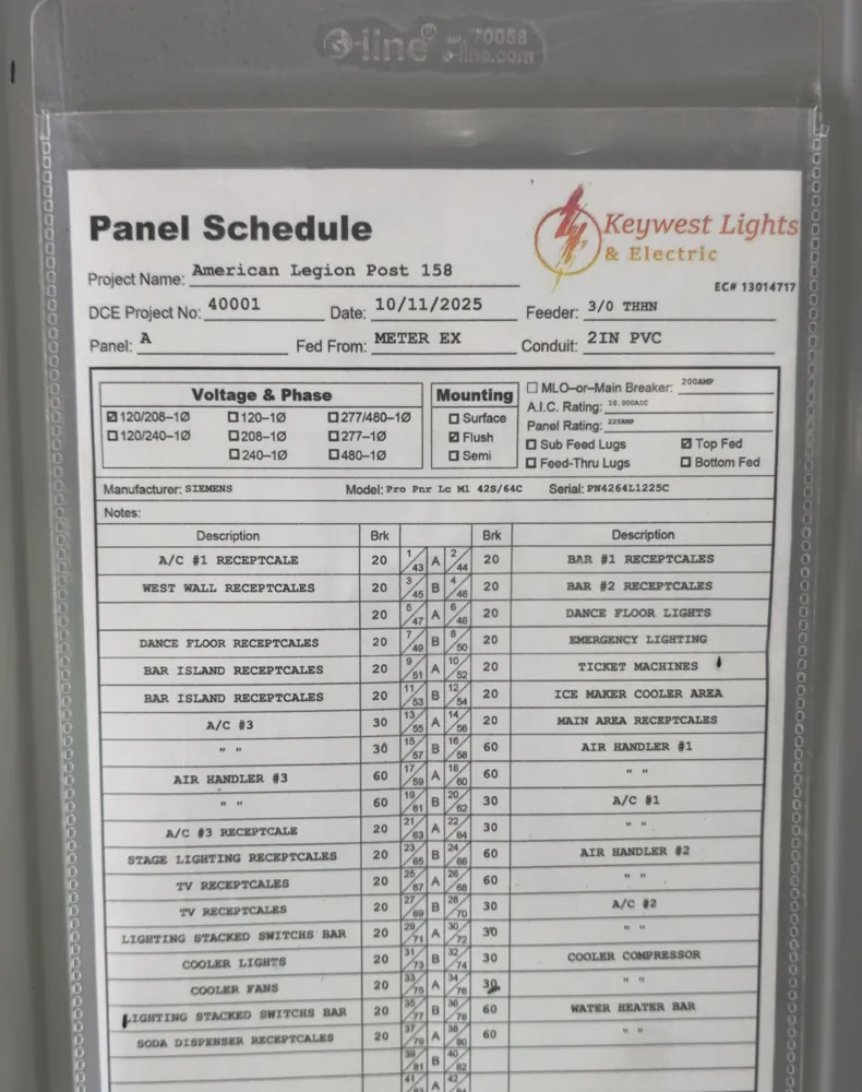 Electrical Panel Upgrades in Treasure Island, FL Printed panel schedule with every circuit labeled on a new Siemens panel at American Legion Post 158, Treasure Island, by Keywest Lights & Electric