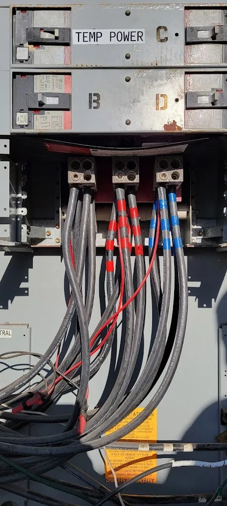 Commercial construction temporary power: switchgear with color-coded feeders, Tampa Bay area