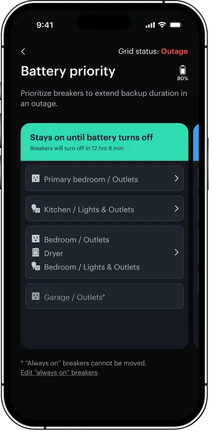SPAN Smart Panel Installation in Belleair, FL SPAN Home app on a phone showing battery priority settings during a grid outage