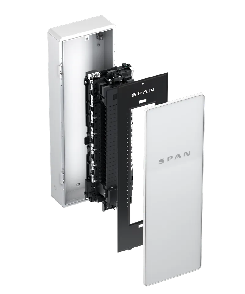 Exploded view of a SPAN Panel MAIN 40 showing the enclosure, interior and door