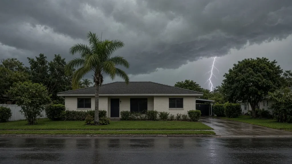 Lightning Struck Nearby? What to Check in Your Pinellas Home Illustration (AI-generated, not a Keywest Lights job): a summer thunderstorm with lightning near a Florida home