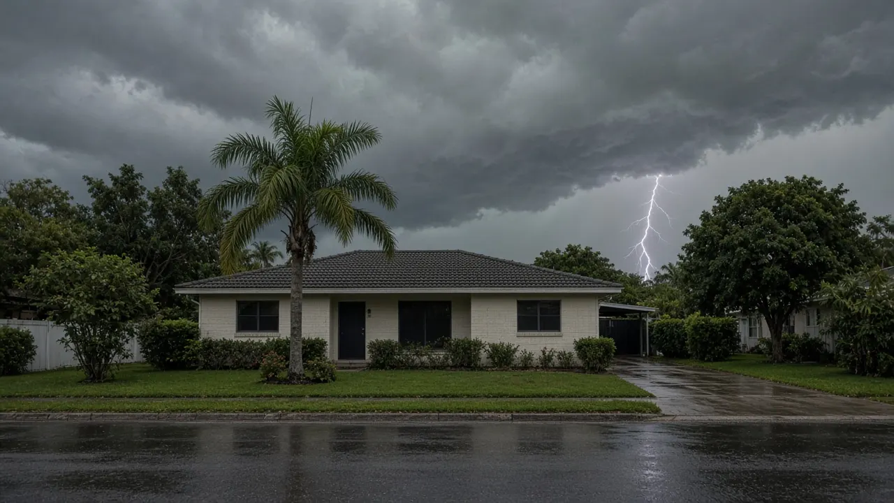 Lightning Struck Nearby? What to Check in Your Pinellas Home Illustration (AI-generated, not a Keywest Lights job): a summer thunderstorm with lightning near a Florida home