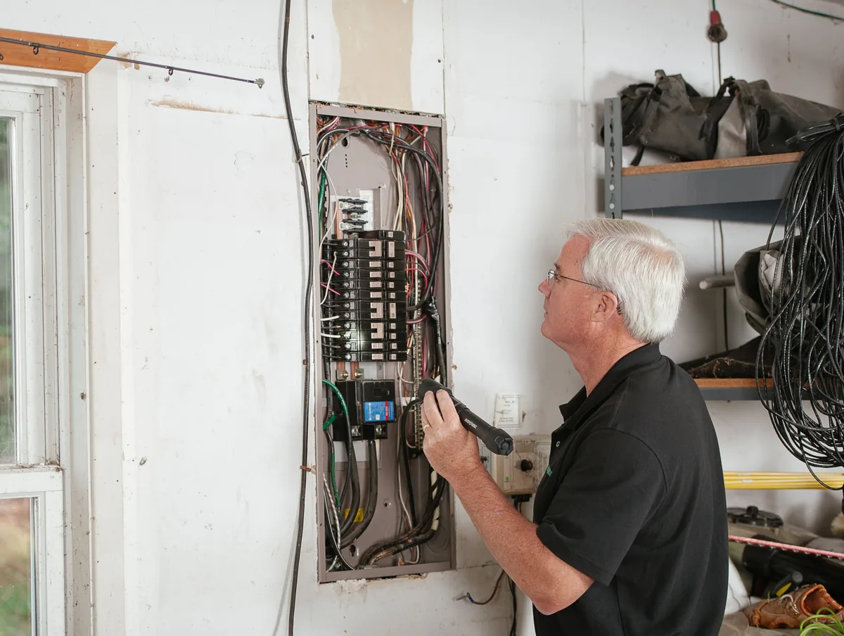 Electrician checking the breakers inside an open electrical panel