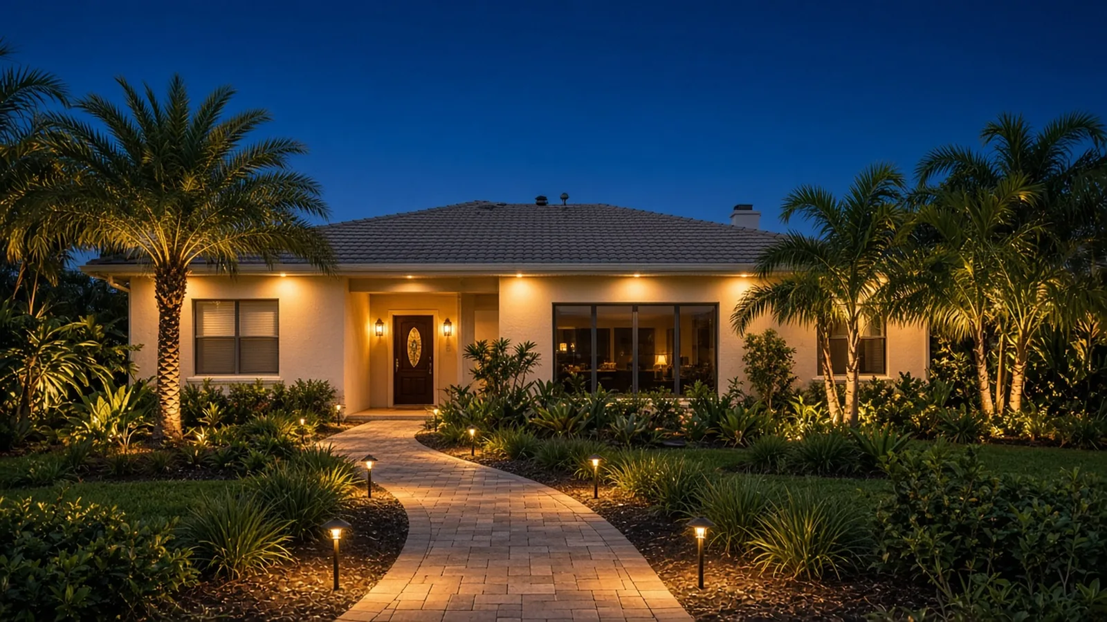 Outdoor, Landscape & Security Lighting Installation Illustration of palm uplights, path lights and soffit lighting on a Pinellas County home at dusk
