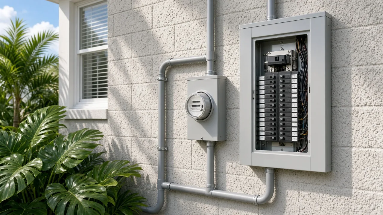 Illustration of a new breaker panel and meter on the block wall of a Florida home