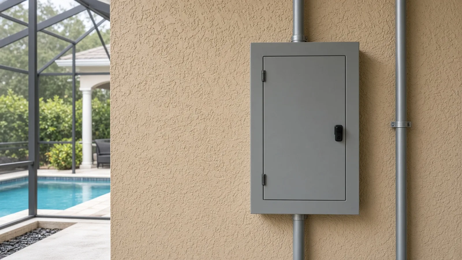 Illustration of a breaker panel on a tan stucco wall beside a screened pool lanai
