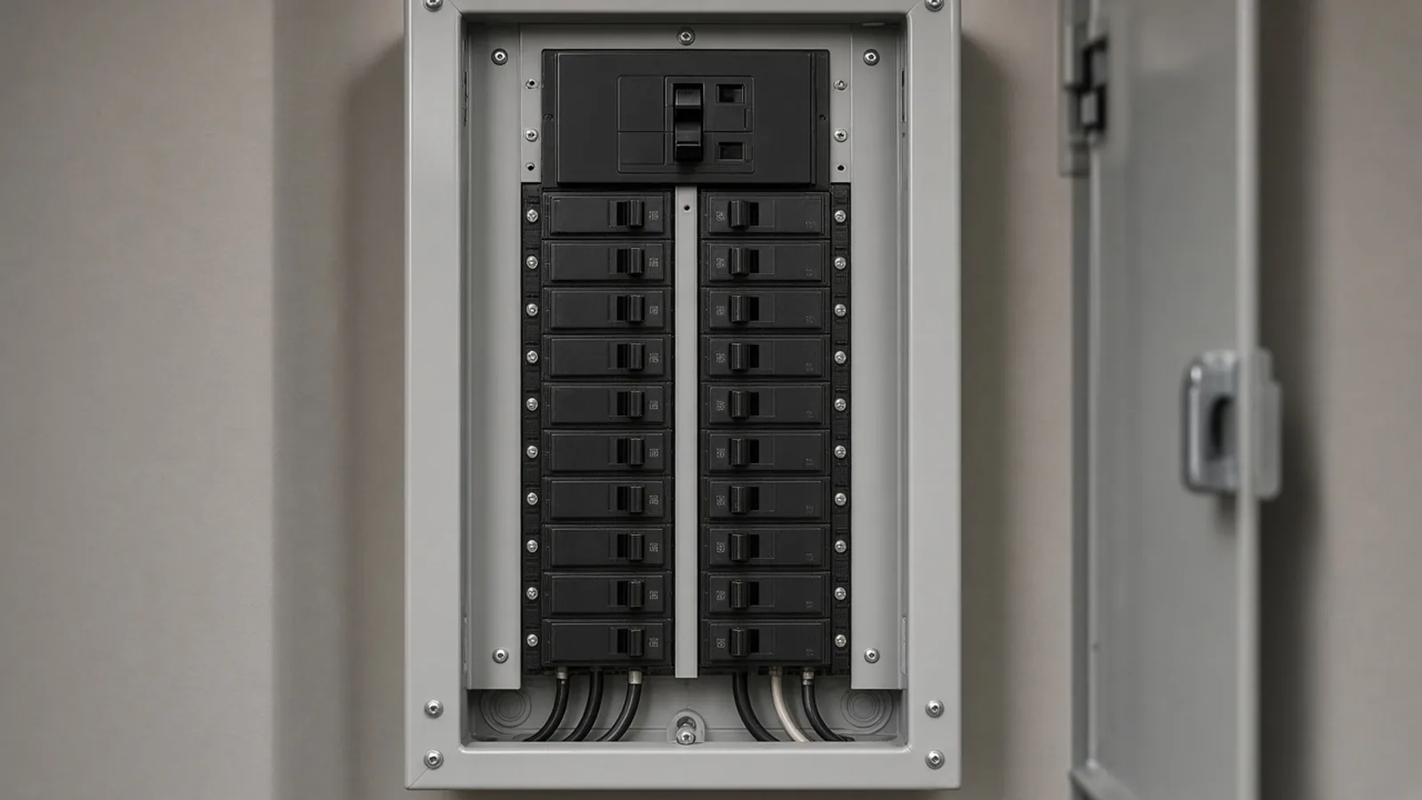 Illustration of the breakers and main breaker inside a new residential electrical panel