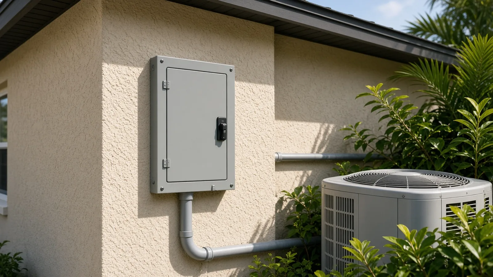 Illustration of an outdoor breaker panel on a Florida stucco wall beside an AC condenser