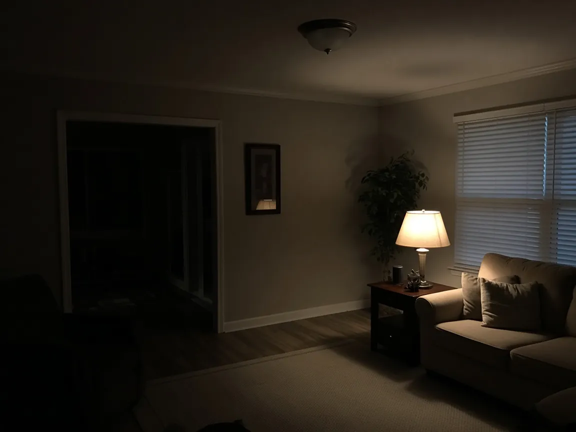 Living room in the evening with a lamp on but the ceiling light and next room dark