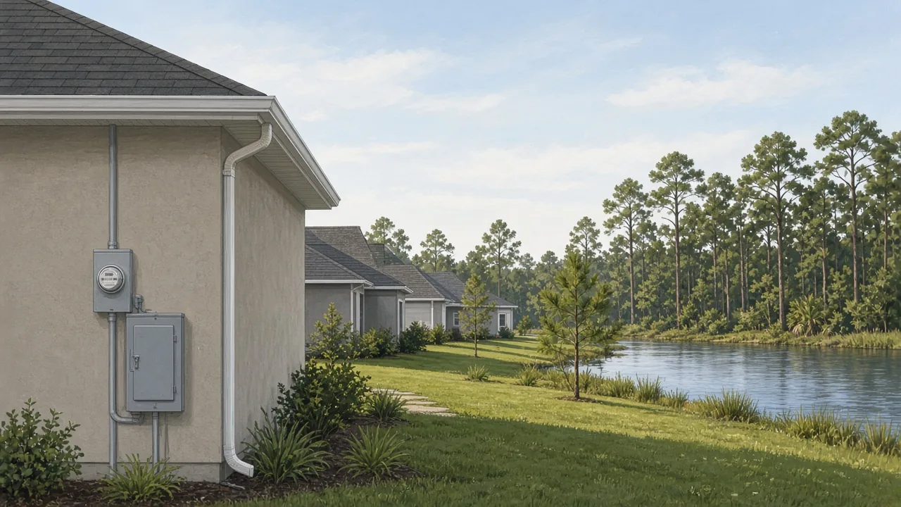 Electrician Serving Pasco County, FL Illustration of a Pasco County home with an electric meter and panel beside a pine-lined lake