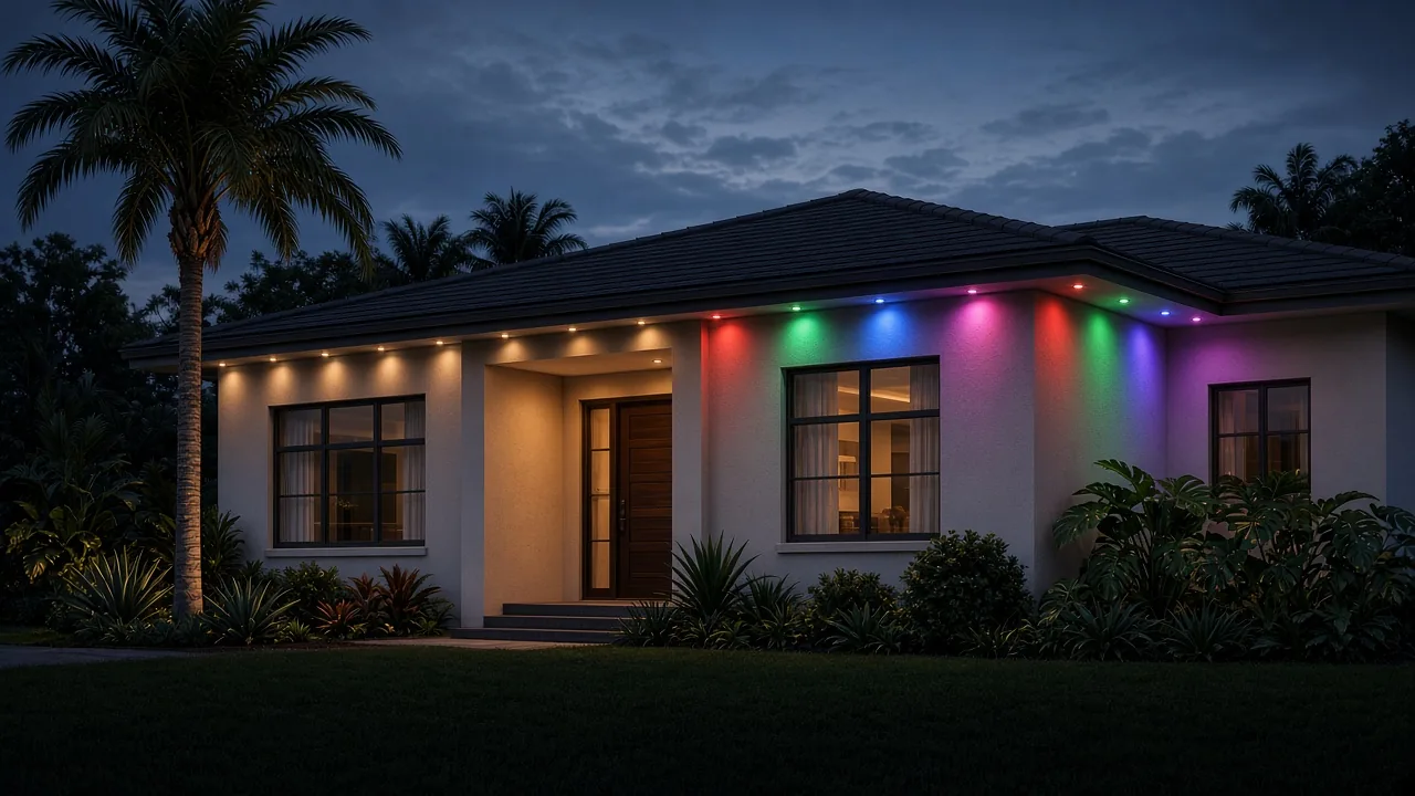 Permanent Roofline Lighting in Pinellas County Illustration of a Florida home at dusk with permanent eave lights, warm white on one side and multicolor on the other