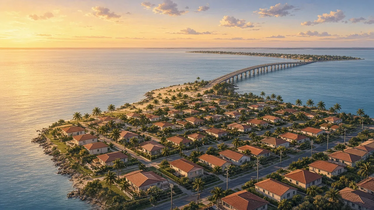 Illustration of a coastal Pinellas County neighborhood and causeway at sunset