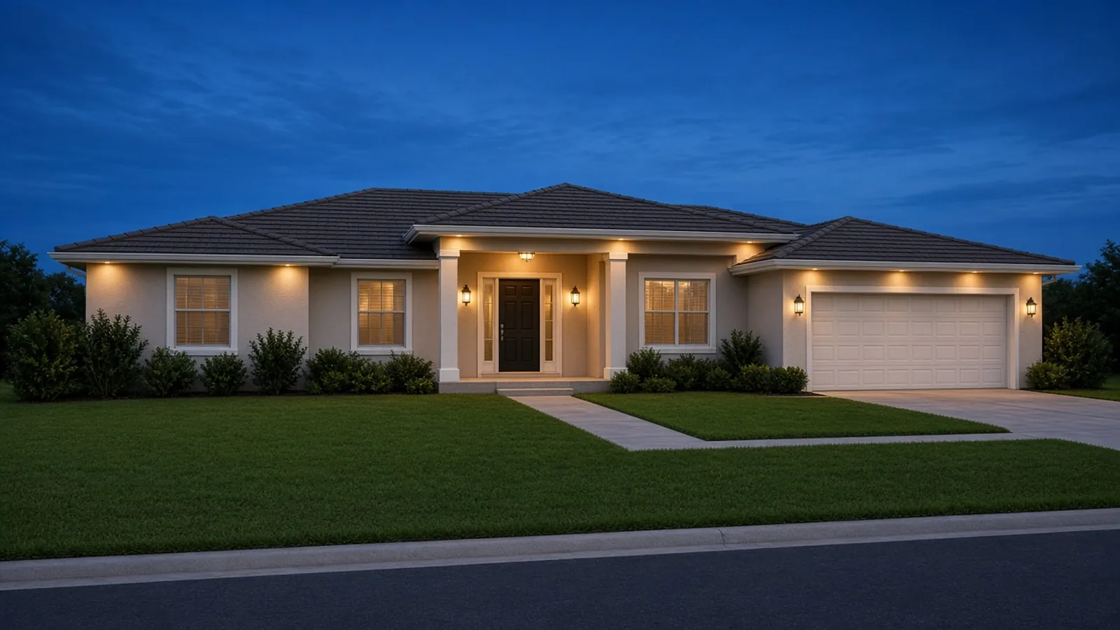 Residential Electrical Service Illustration of a Florida home at dusk with soffit lights, coach lights and a porch light