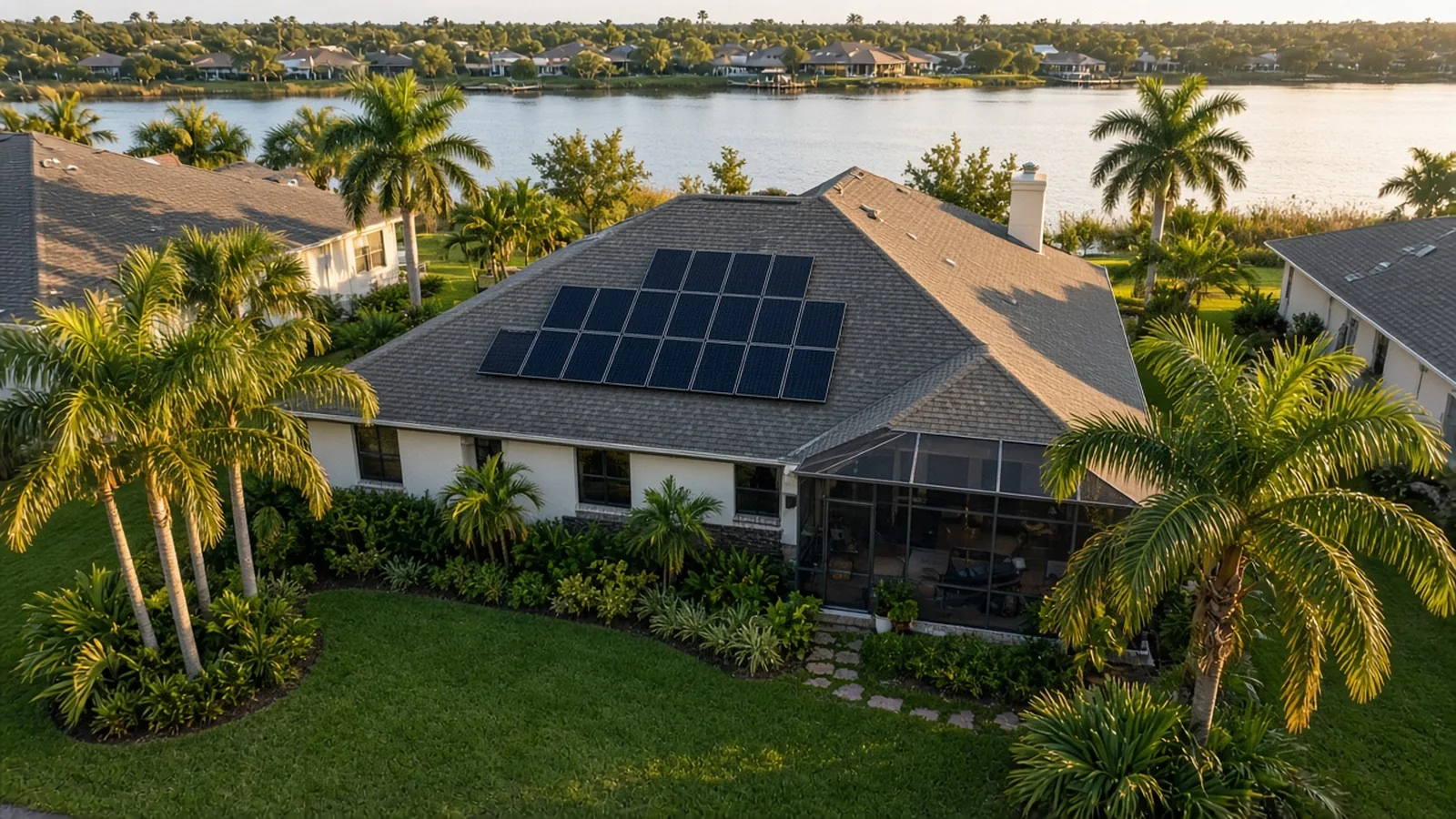 Illustration of a lakefront Florida home with rooftop solar panels at golden hour