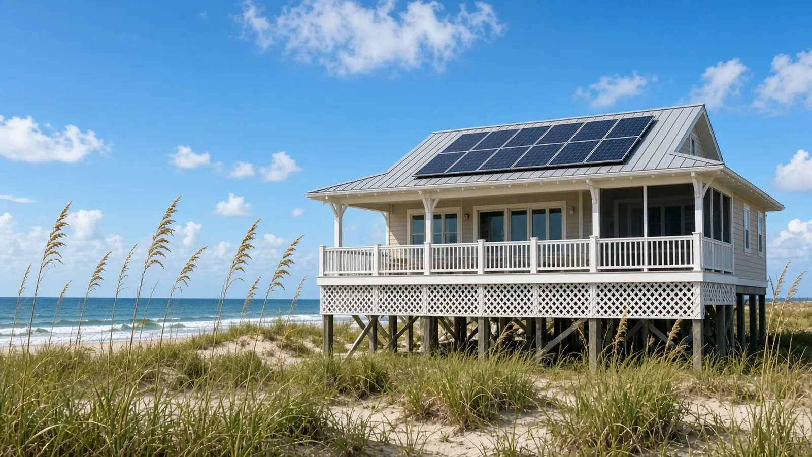 Illustration of a raised Florida beach house with rooftop solar panels behind the dunes