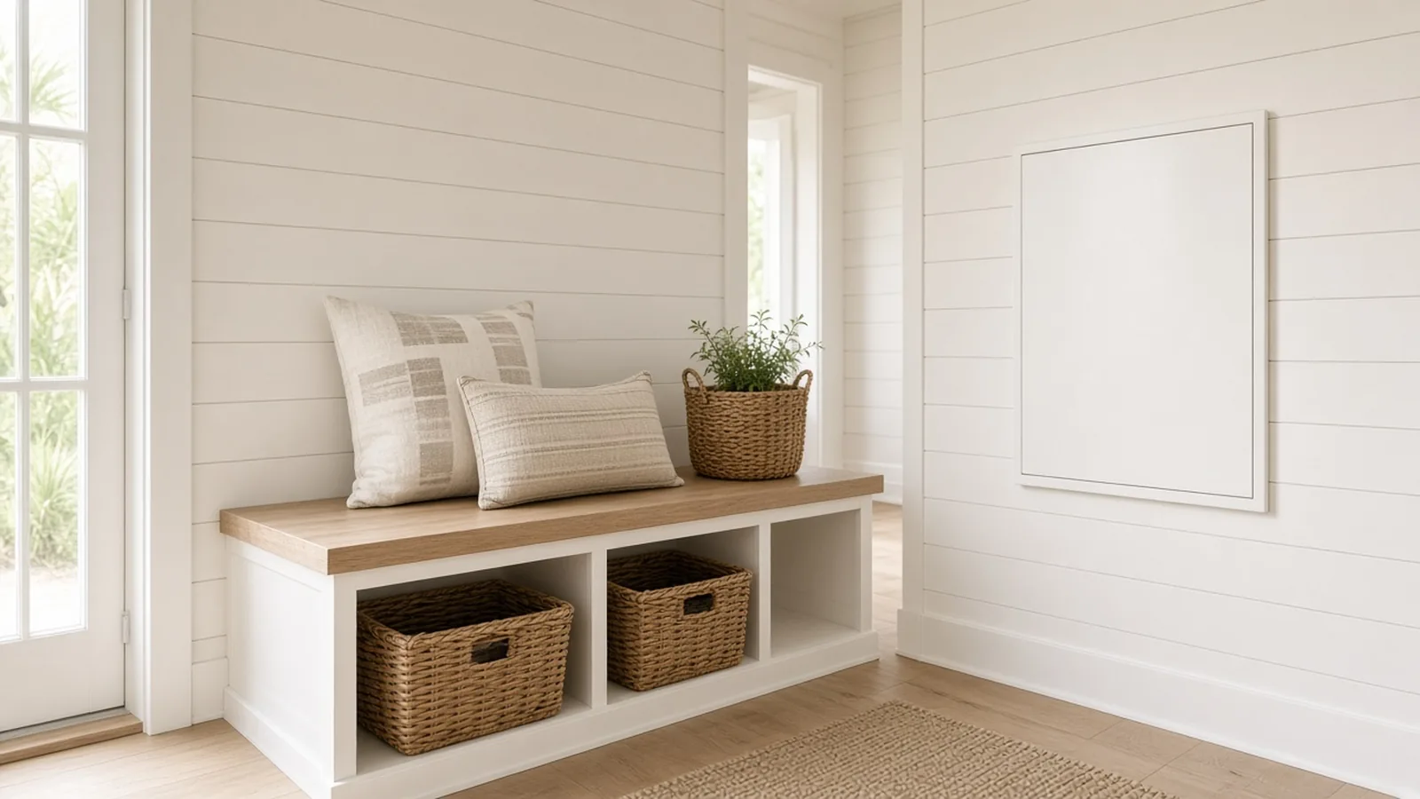 Illustration of a flush smart electrical panel on a white shiplap wall in a coastal home mudroom