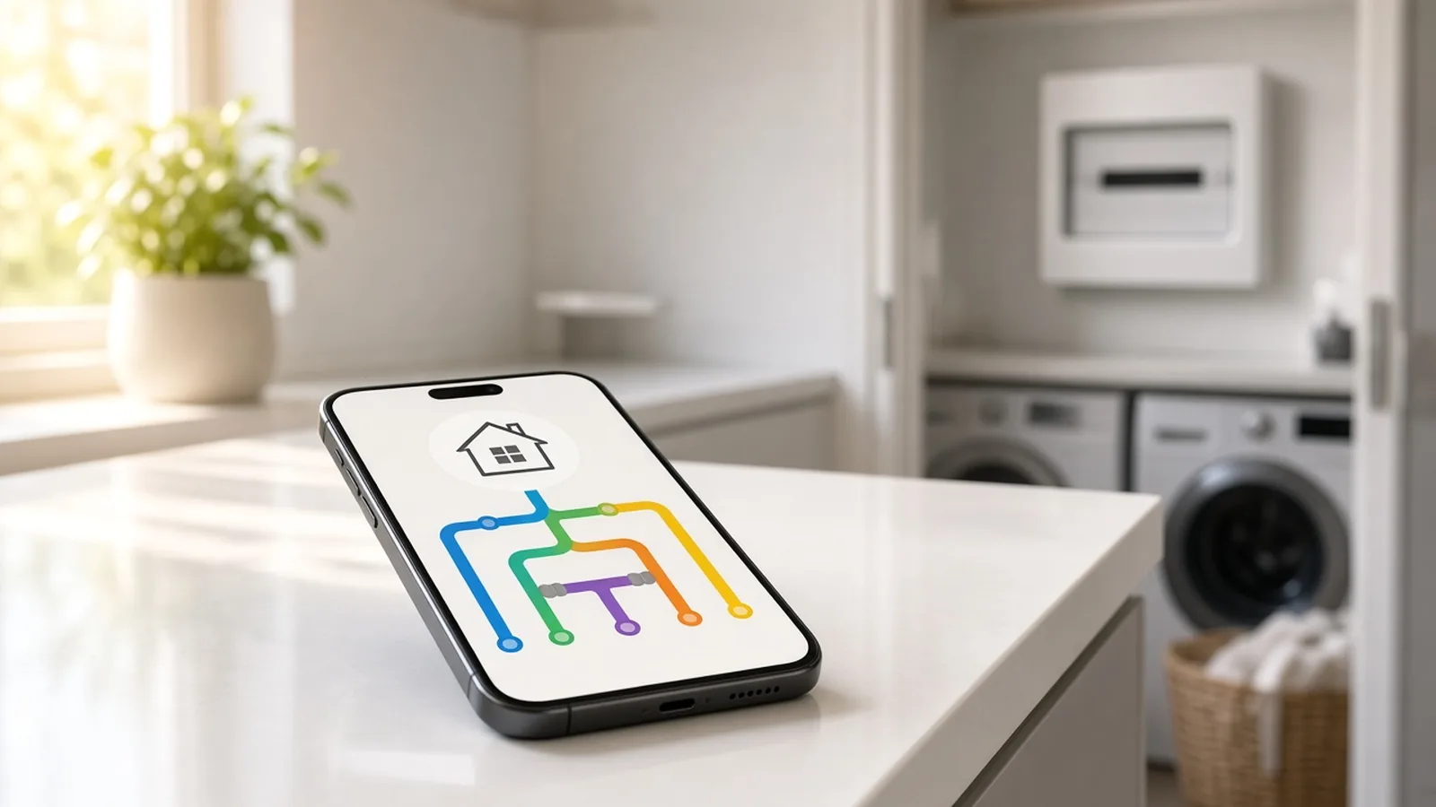 Illustration of a smartphone showing a home energy app with a smart electrical panel in the laundry room behind it