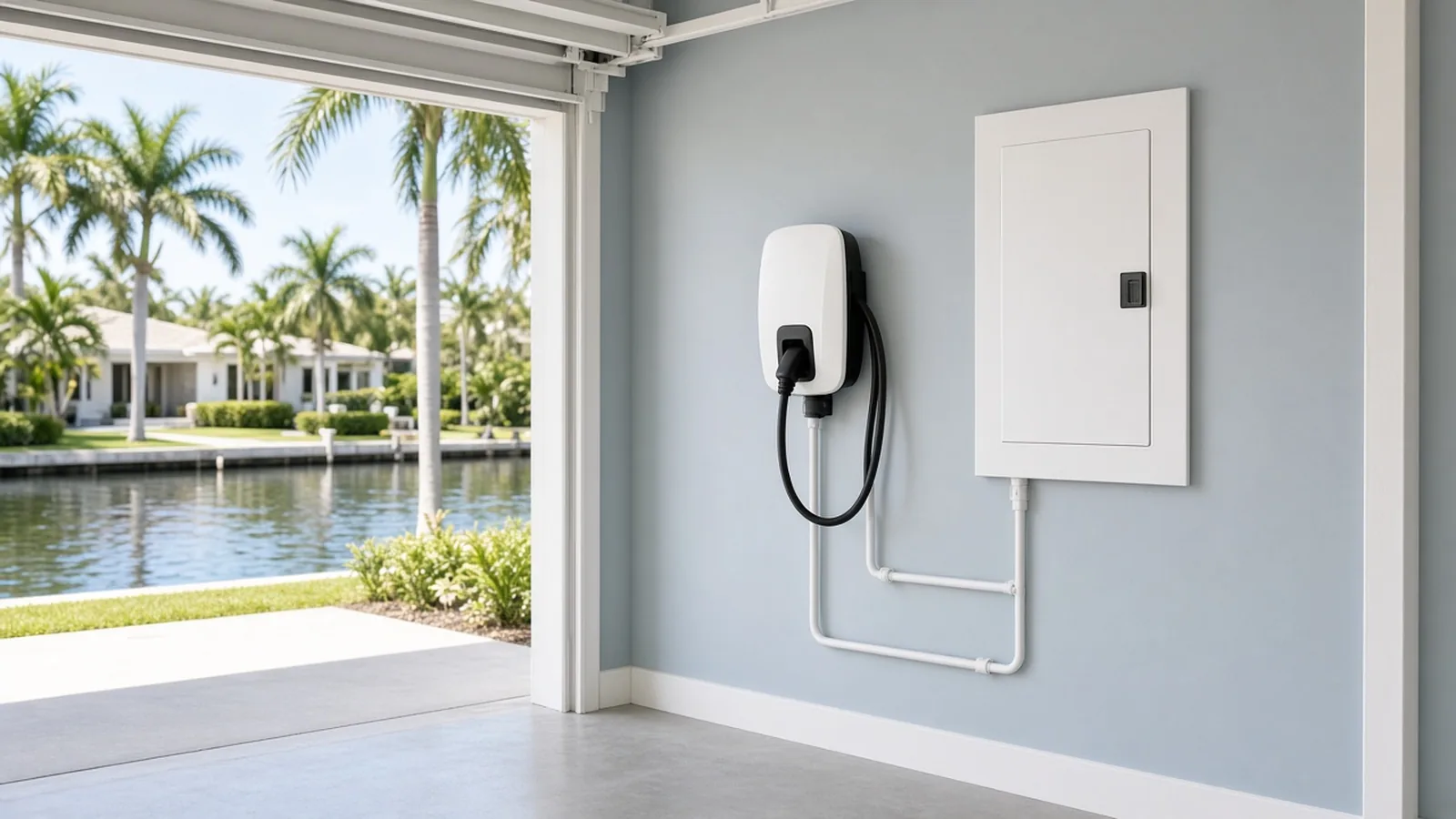 Illustration of a smart electrical panel and EV charger in the garage of a waterfront Florida home