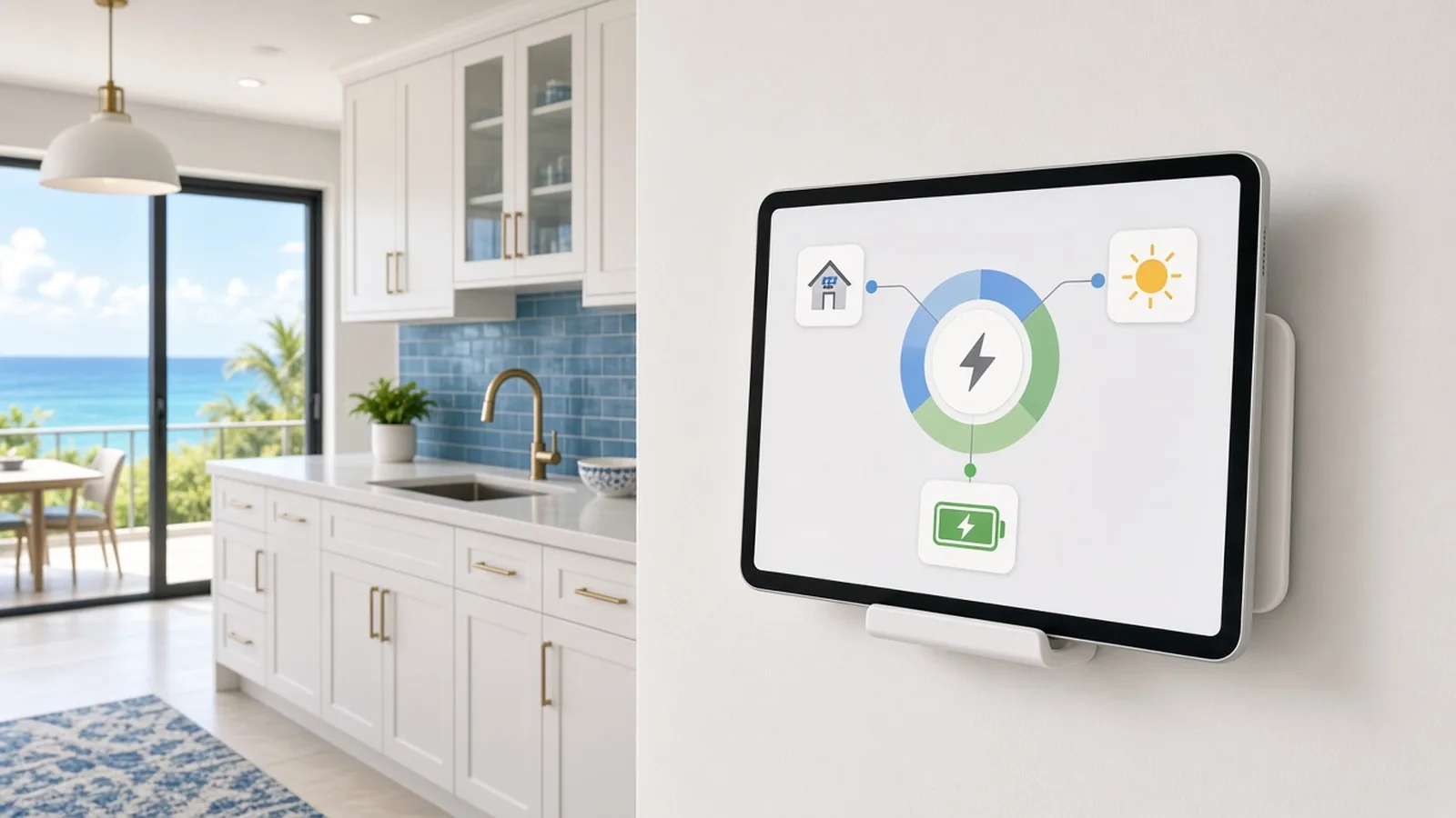 Illustration of a wall-mounted tablet showing home solar and battery power flow in a coastal Florida kitchen