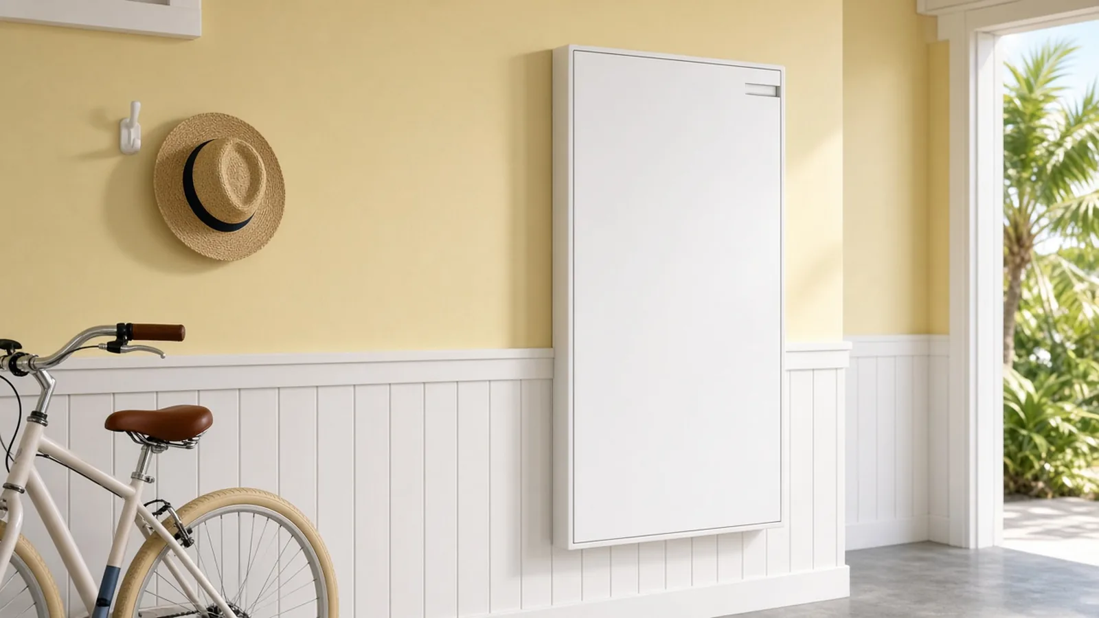 Illustration of a smart electrical panel on a pale yellow wall in a Key West-style cottage garage