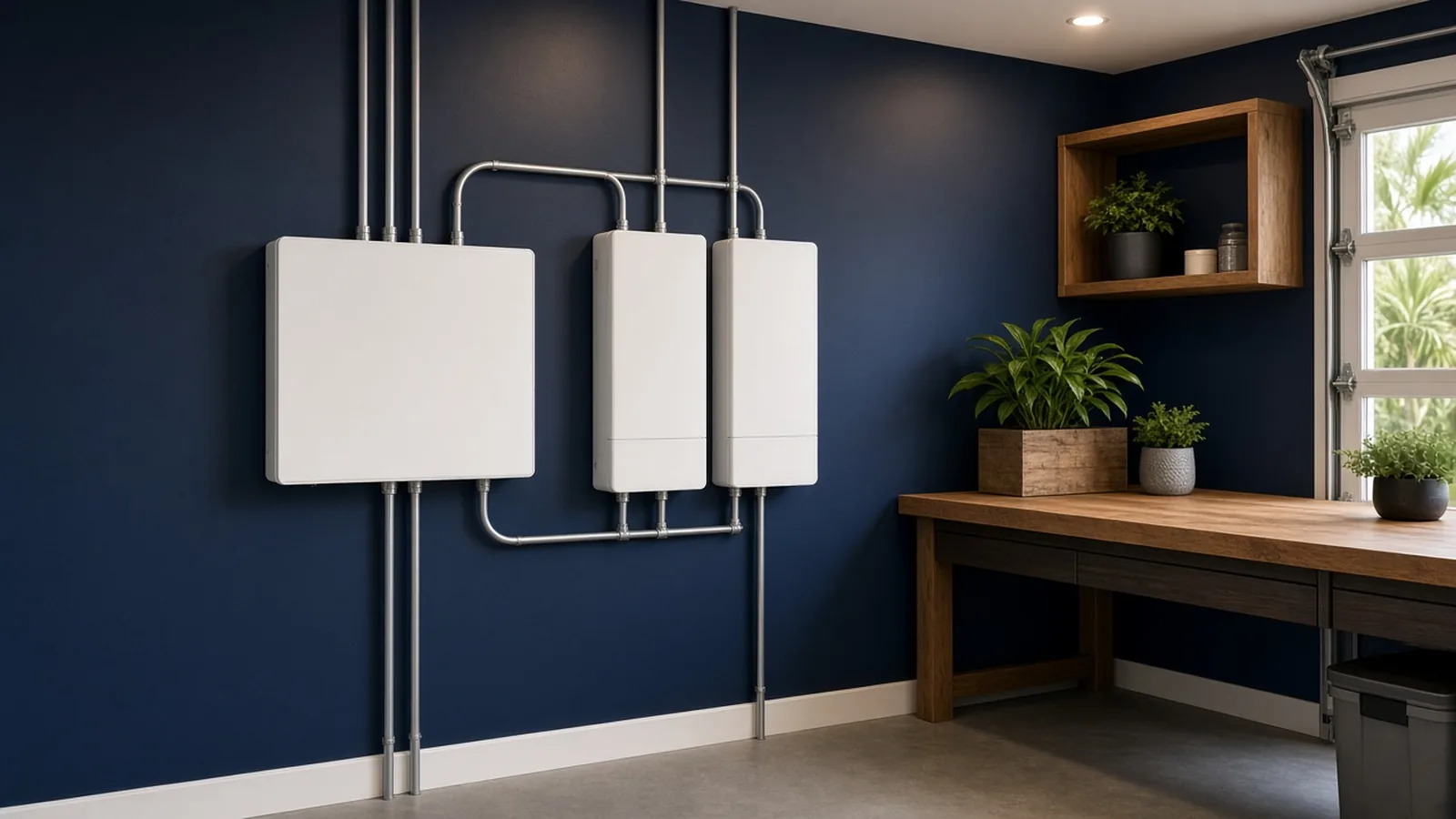 SPAN Smart Panel Installation in Tarpon Springs, FL Illustration of a smart electrical panel and two home battery units with conduit on a navy garage wall