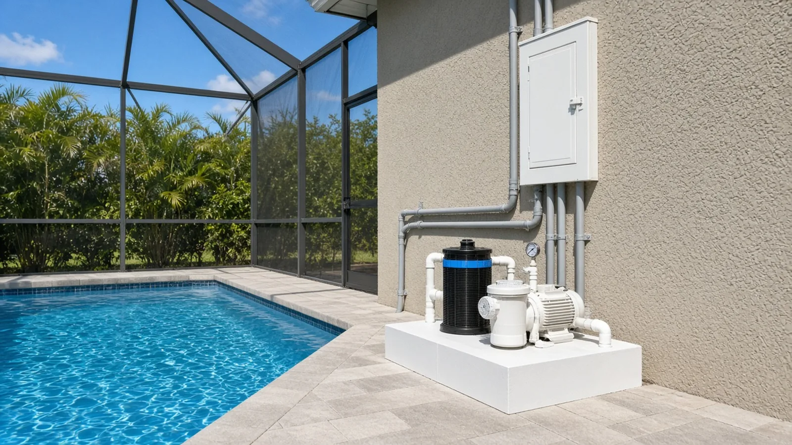 SPAN Smart Panel Installation in Town 'n' Country, FL Illustration of an electrical panel above the pool equipment pad beside a screened Florida pool