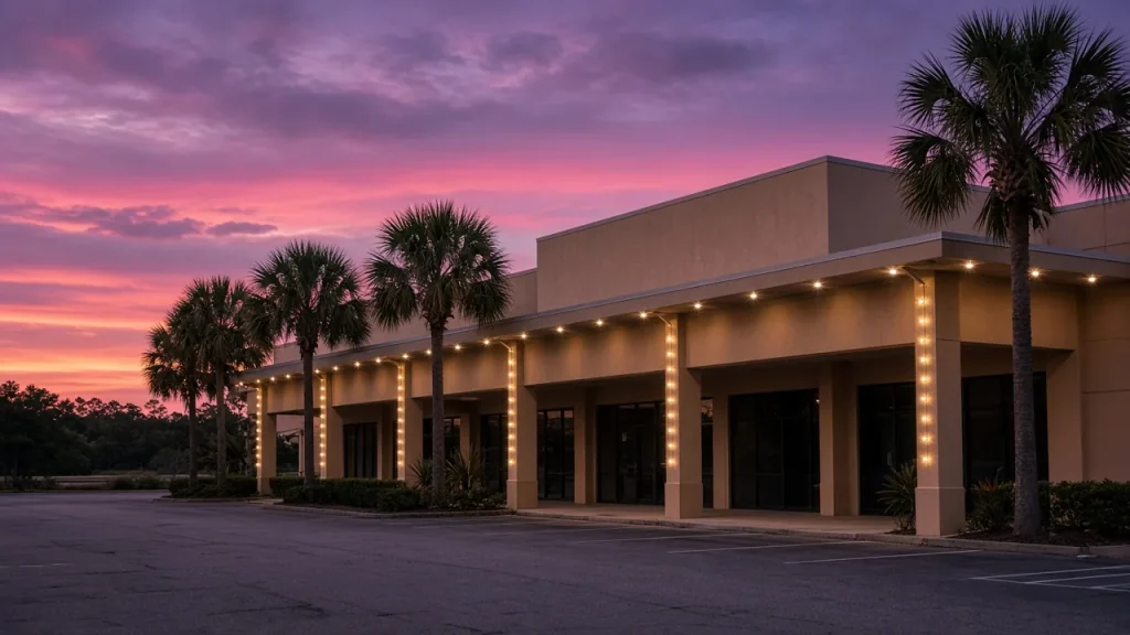 Permanent Eave Lighting for Businesses and Storefronts in Pinellas AI-generated image: steady warm white point lights mounted under the covered-walkway soffit and along the side columns of a stucco storefront at dusk