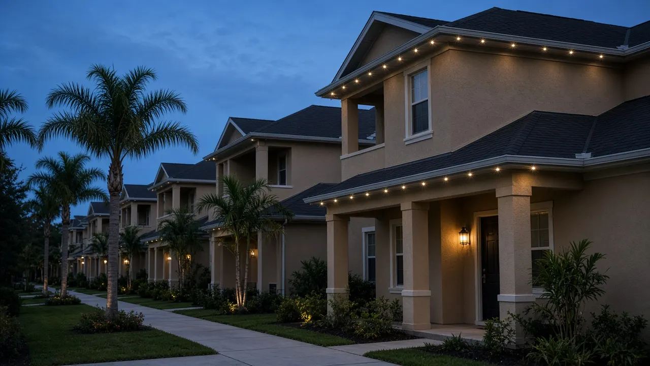 Permanent Lights for Condos, Townhomes and Villas in Pinellas Illustration (AI-generated, not a Keywest Lights job): warm-white lights under the eaves of Florida townhomes at dusk