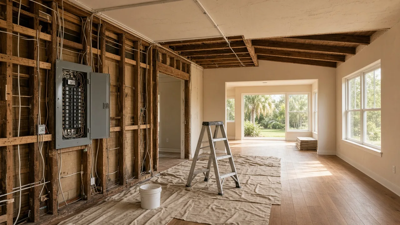 Illustration of a home remodel with walls open to new wiring and an updated electrical panel
